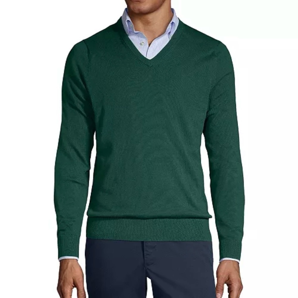 Lands End Men's Green V-Neck Sweater